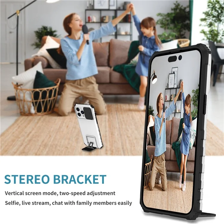 For iPhone 14 Pro Max 6.7 inch Slide Camera Protection Cell Phone Shell Kickstand PC + TPU Hybrid Cover Phone Case - White