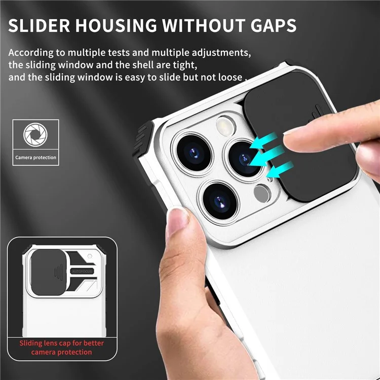 For iPhone 14 Pro Max 6.7 inch Slide Camera Protection Cell Phone Shell Kickstand PC + TPU Hybrid Cover Phone Case - White