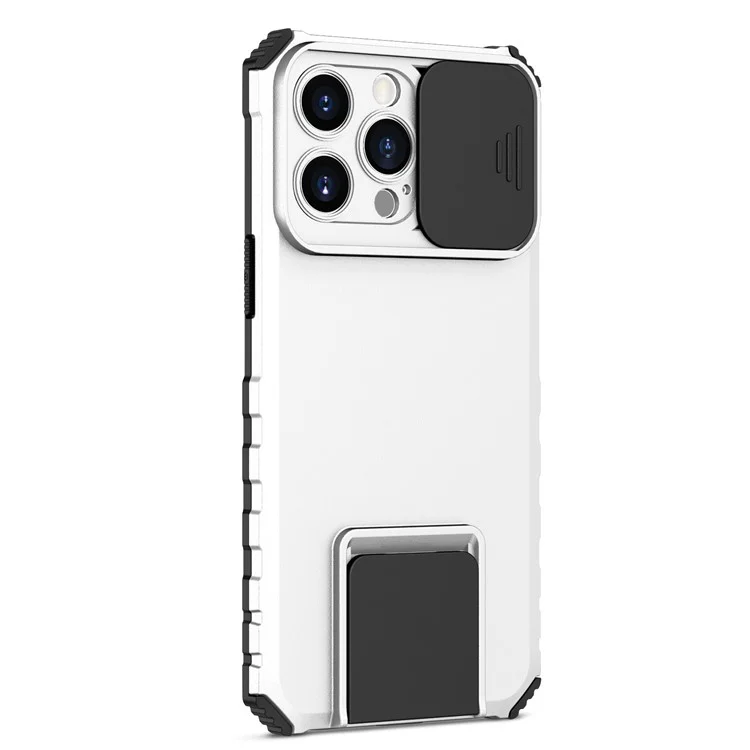 For iPhone 14 Pro Max 6.7 inch Slide Camera Protection Cell Phone Shell Kickstand PC + TPU Hybrid Cover Phone Case - White