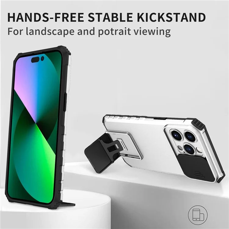For iPhone 14 Pro Max 6.7 inch Slide Camera Protection Cell Phone Shell Kickstand PC + TPU Hybrid Cover Phone Case - White
