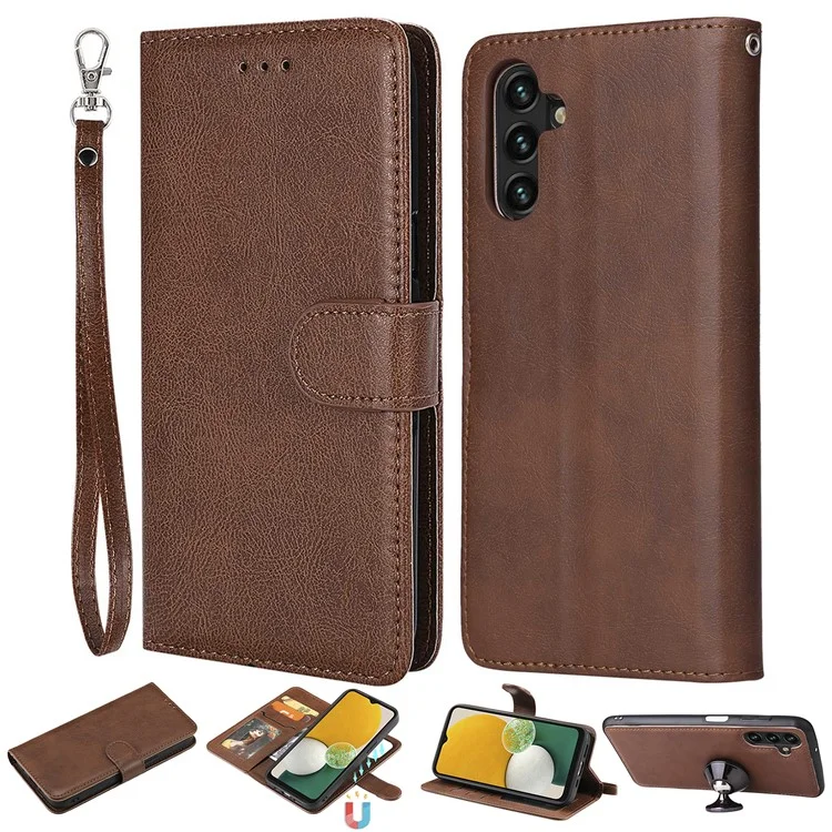Para Samsung Galaxy A13 / A04s 4G (164,7 x 76,7 x 9,1 mm) 5G KT Leather Series-3 Detachable Leather Stand Wallet Case Car Mount Metal Sheet Phone Cover with Strap - Marrom