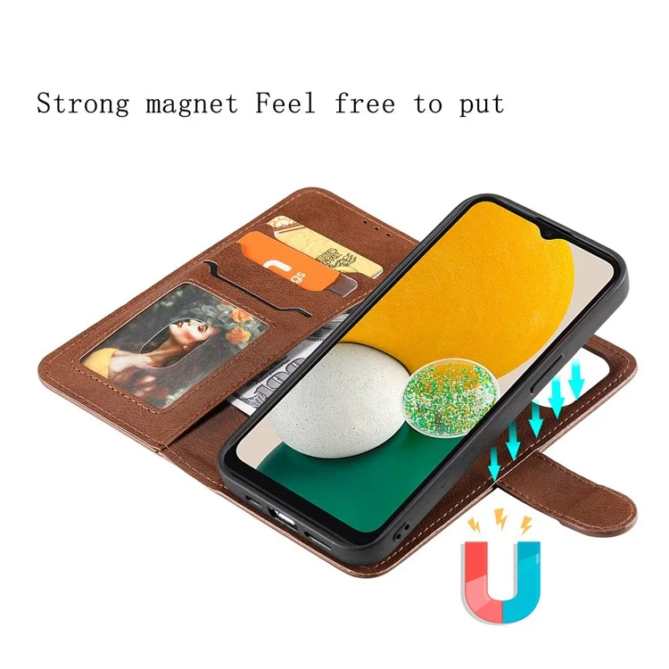 Para Samsung Galaxy A13 / A04s 4G (164,7 x 76,7 x 9,1 mm) 5G KT Leather Series-3 Detachable Leather Stand Wallet Case Car Mount Metal Sheet Phone Cover with Strap - Marrom