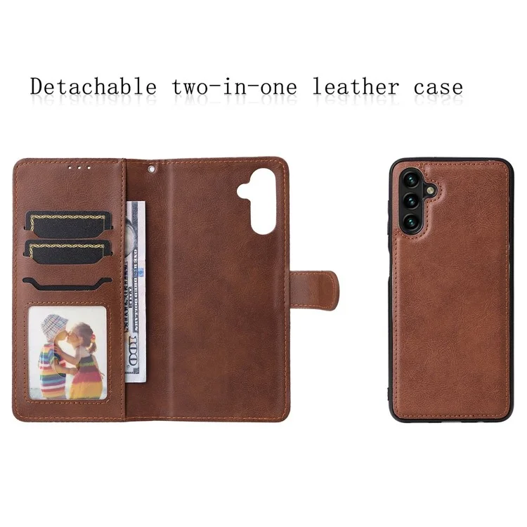 Para Samsung Galaxy A13 / A04s 4G (164,7 x 76,7 x 9,1 mm) 5G KT Leather Series-3 Detachable Leather Stand Wallet Case Car Mount Metal Sheet Phone Cover with Strap - Marrom