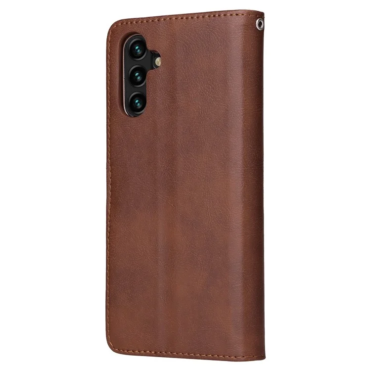 Para Samsung Galaxy A13 / A04s 4G (164,7 x 76,7 x 9,1 mm) 5G KT Leather Series-3 Detachable Leather Stand Wallet Case Car Mount Metal Sheet Phone Cover with Strap - Marrom