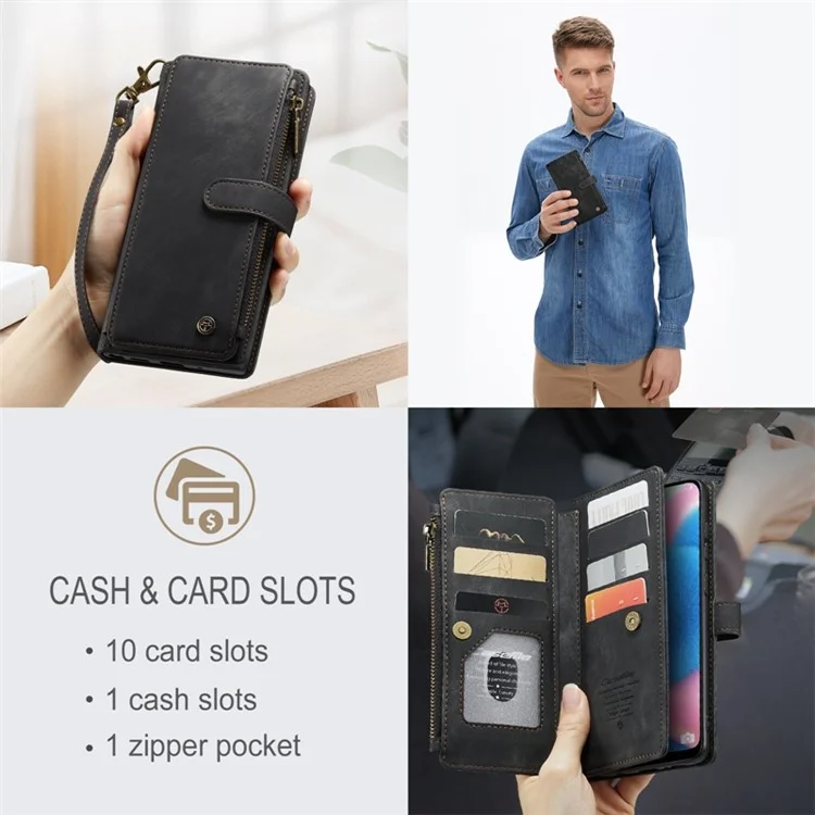 CASEME C30 Series for Samsung Galaxy A30s / A50s / A50 Full Protection Zipper Pocket Phone Wallet Case Stand Shockproof PU Leather Mobile Phone Cover Card Holder - Black