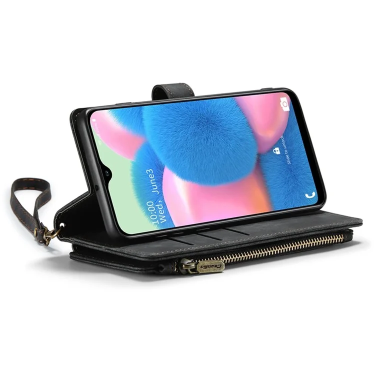 Série Caseme C30 Para o Samsung Galaxy A30s / A50s / A50 Proteção Full Zipper Pocket Pocket Pocket Caixa Stand Stand à Prova de Choque PU Couro Celular Ponto de Cobertura Titular - Preto