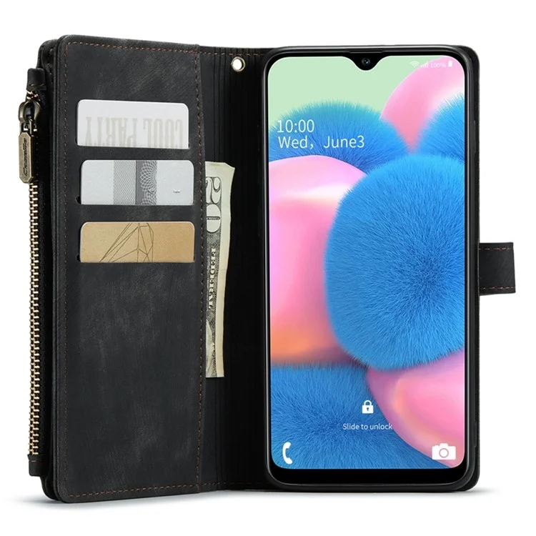 Série Caseme C30 Para o Samsung Galaxy A30s / A50s / A50 Proteção Full Zipper Pocket Pocket Pocket Caixa Stand Stand à Prova de Choque PU Couro Celular Ponto de Cobertura Titular - Preto