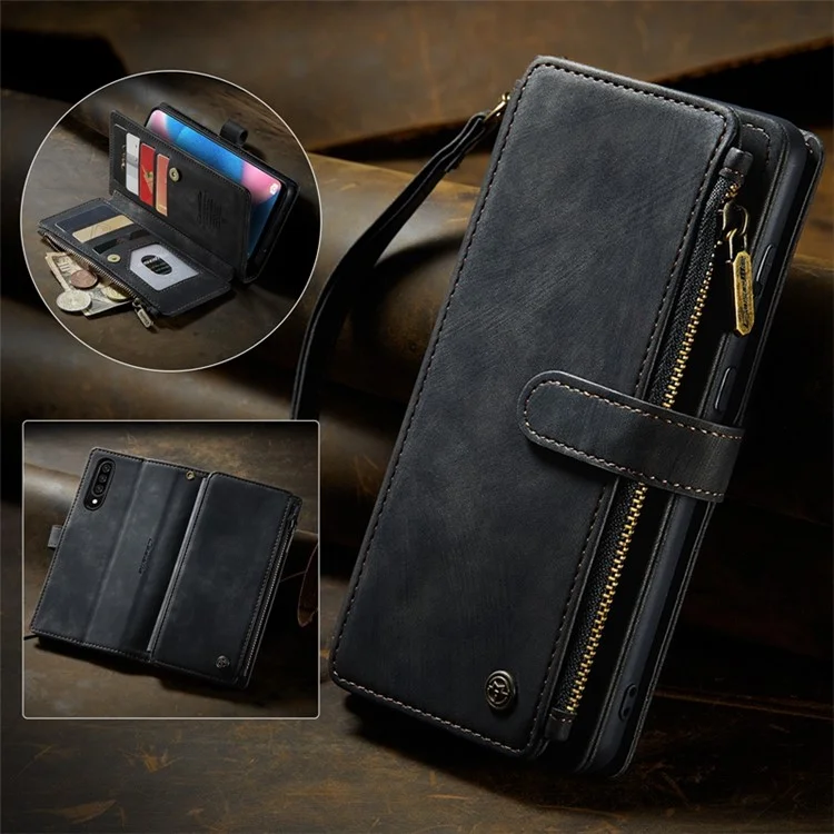 Série Caseme C30 Para o Samsung Galaxy A30s / A50s / A50 Proteção Full Zipper Pocket Pocket Pocket Caixa Stand Stand à Prova de Choque PU Couro Celular Ponto de Cobertura Titular - Preto