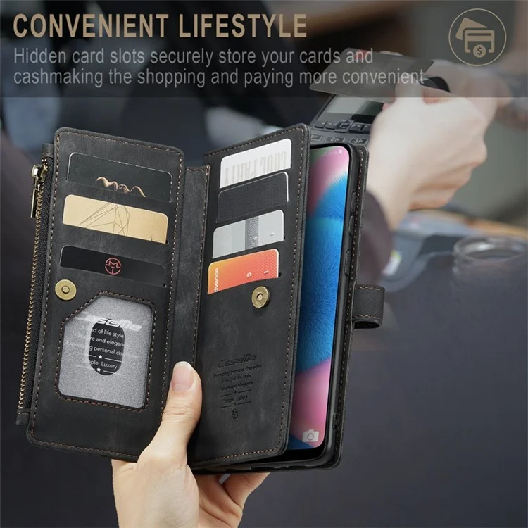 CASEME C30 Series for Samsung Galaxy A30s / A50s / A50 Full Protection Zipper Pocket Phone Wallet Case Stand Shockproof PU Leather Mobile Phone Cover Card Holder - Black