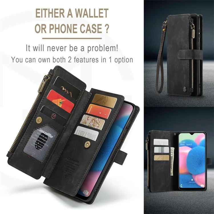 Serie Caseme C30 Para Samsung Galaxy A30s / A50 / A50 Full Protection Zipper Pocket Telephip Willet Case de Billetera a Prueba de Golpes PU Cuero Tarra de Cobertura de la Tarjeta de Cobertura - Negro