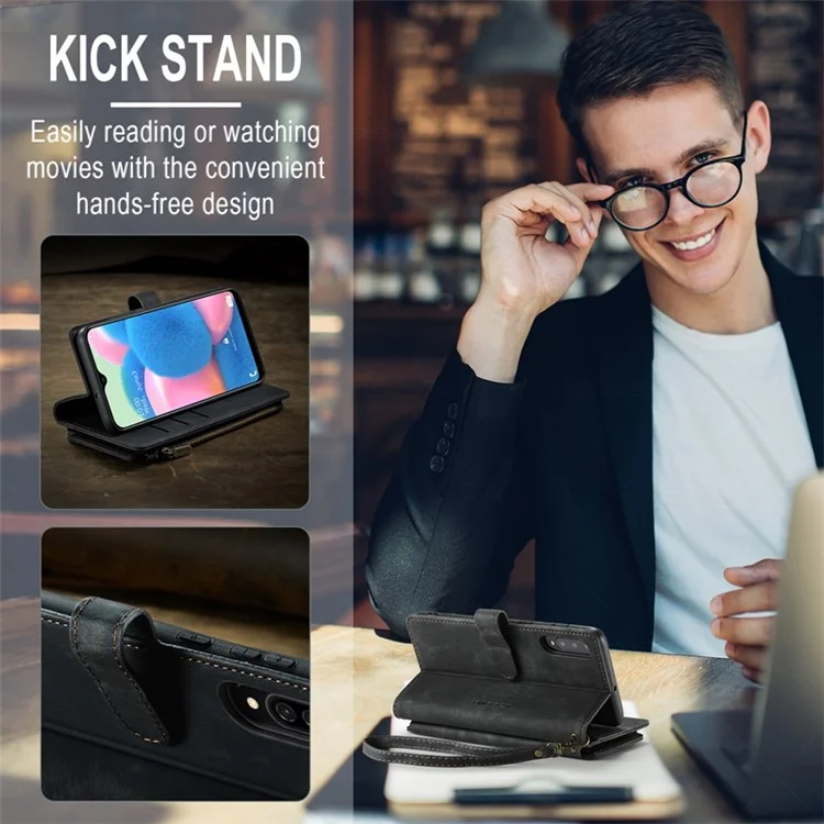 Serie Caseme C30 Para Samsung Galaxy A30s / A50 / A50 Full Protection Zipper Pocket Telephip Willet Case de Billetera a Prueba de Golpes PU Cuero Tarra de Cobertura de la Tarjeta de Cobertura - Negro