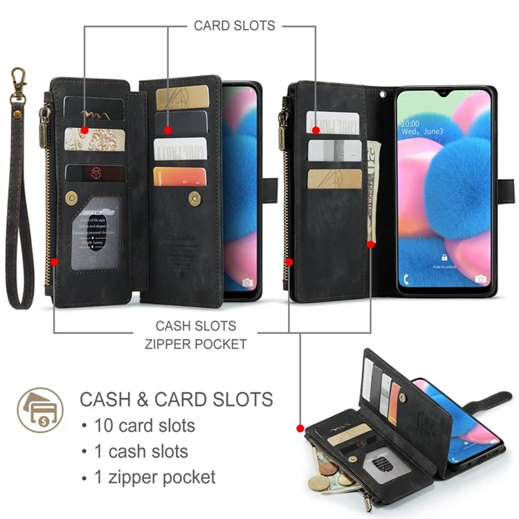 Série Caseme C30 Para o Samsung Galaxy A30s / A50s / A50 Proteção Full Zipper Pocket Pocket Pocket Caixa Stand Stand à Prova de Choque PU Couro Celular Ponto de Cobertura Titular - Preto