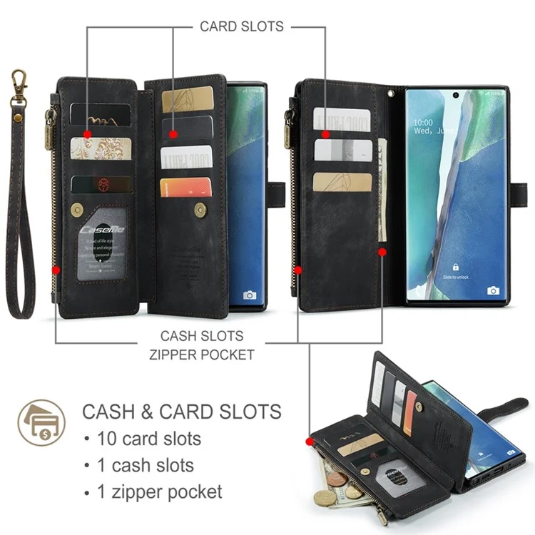 Serie Caseme C30 Per Samsung Galaxy Note20 Ultra 4G / Coperchio da Portafoglio Tascabile Multifunzionale da 5 g Con Manuale Supporto Per la Vena Del Telefono Antidroplecinetto Con Cinturino - Nero