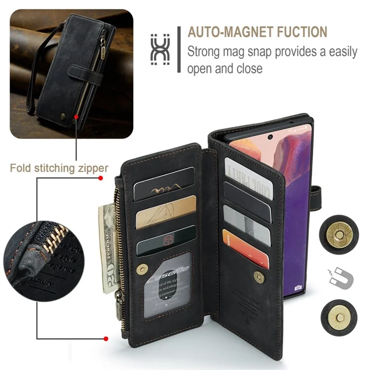 For Samsung Galaxy Note20 5G / 4G Phone Cases with Strap CASEME C30 Zipper Multiple Card Holder PU Leather Cover - Black