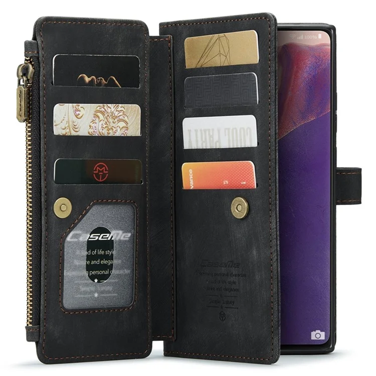 For Samsung Galaxy Note20 5G / 4G Phone Cases with Strap CASEME C30 Zipper Multiple Card Holder PU Leather Cover - Black