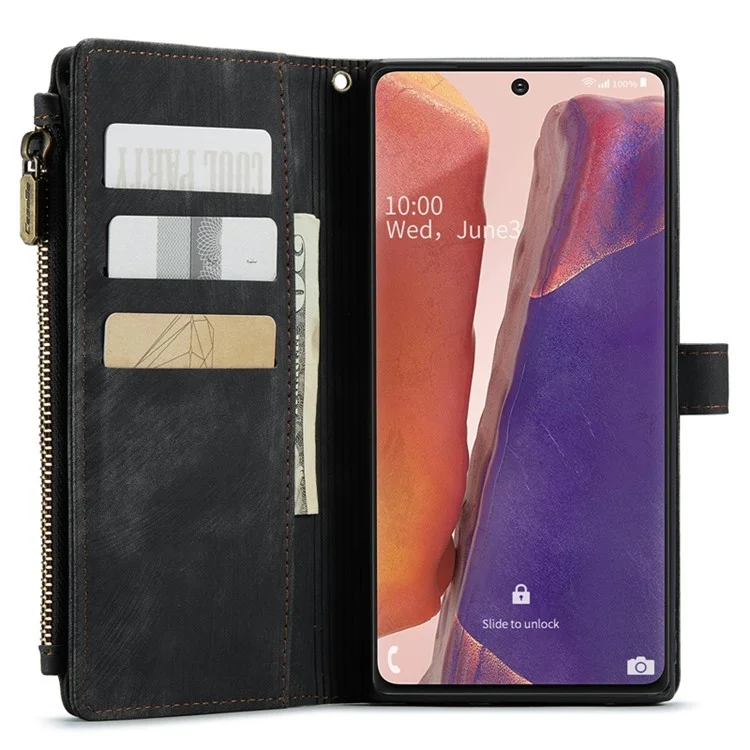 For Samsung Galaxy Note20 5G / 4G Phone Cases with Strap CASEME C30 Zipper Multiple Card Holder PU Leather Cover - Black