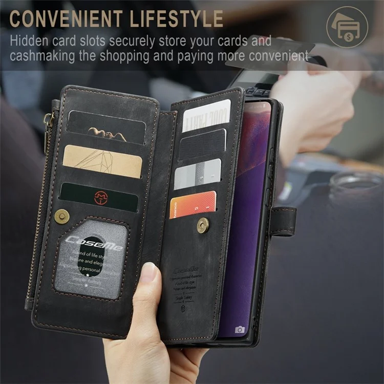 For Samsung Galaxy Note20 5G / 4G Phone Cases with Strap CASEME C30 Zipper Multiple Card Holder PU Leather Cover - Black