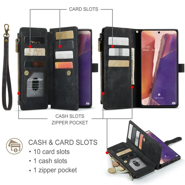 For Samsung Galaxy Note20 5G / 4G Phone Cases with Strap CASEME C30 Zipper Multiple Card Holder PU Leather Cover - Black