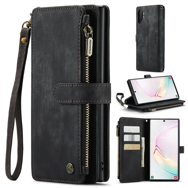 CASEME C30 Series Flip Leather Case for Samsung Galaxy Note 10 Plus 5G / 4G Multifunctional Zipper Pocket Wallet Cover with Strap Anti-scratch Phone Shell Stand Card Holder - Black