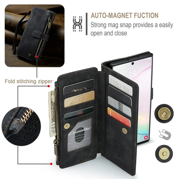 Caseme C30 Series Flip Leather Case Pour Samsung Galaxy Note 10 Plus 5G / Couvercle de Portefeuille de Poche à Fermeture Éclair Multifonctionnelle 4G Avec Sangle - le Noir