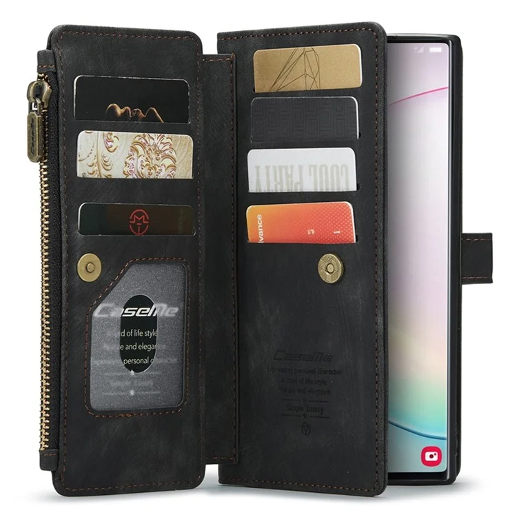 For Samsung Galaxy Note 10 Plus 5G / 4G Phone Cases with Strap CASEME C30 Zipper Multiple Card Holder PU Leather Cover - Black