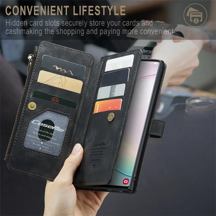 Caseme C30 Series Flip Leather Case Pour Samsung Galaxy Note 10 Plus 5G / Couvercle de Portefeuille de Poche à Fermeture Éclair Multifonctionnelle 4G Avec Sangle - le Noir