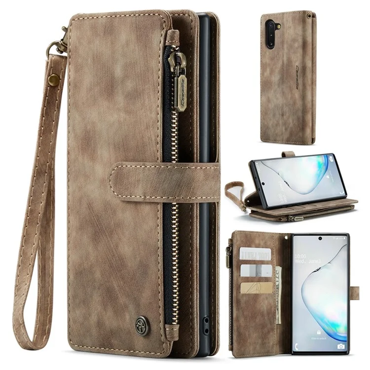 Caseme C30 -serie Für Samsung Galaxy Note 10 5G / 4G Anti-fall-reißverschluss-taschenbrieftasche Abdeckung Mit Riemen Auto-magnetische Ständer Telefon Flip Leder Kartonhalter - Braun
