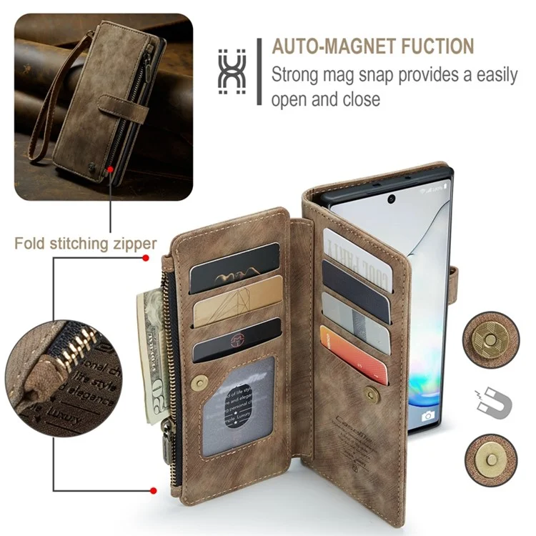 Caseme C30 -serie Für Samsung Galaxy Note 10 5G / 4G Anti-fall-reißverschluss-taschenbrieftasche Abdeckung Mit Riemen Auto-magnetische Ständer Telefon Flip Leder Kartonhalter - Braun