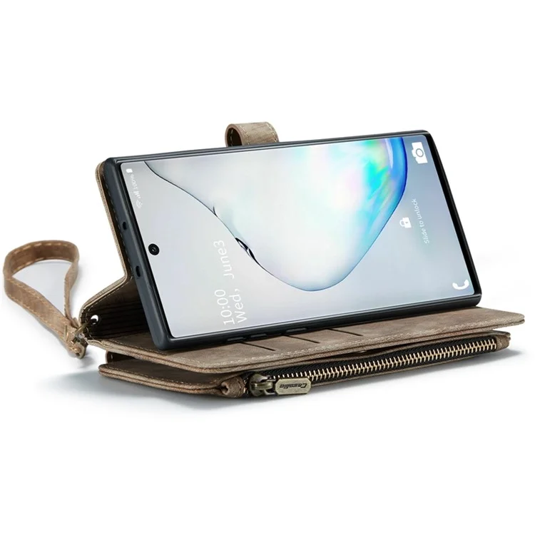 Caseme C30 -serie Für Samsung Galaxy Note 10 5G / 4G Anti-fall-reißverschluss-taschenbrieftasche Abdeckung Mit Riemen Auto-magnetische Ständer Telefon Flip Leder Kartonhalter - Braun
