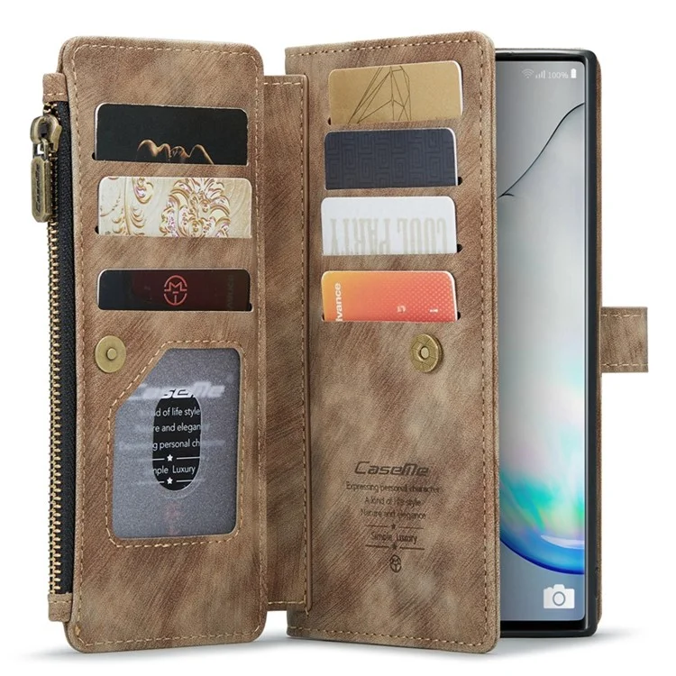 Caseme C30 -serie Für Samsung Galaxy Note 10 5G / 4G Anti-fall-reißverschluss-taschenbrieftasche Abdeckung Mit Riemen Auto-magnetische Ständer Telefon Flip Leder Kartonhalter - Braun