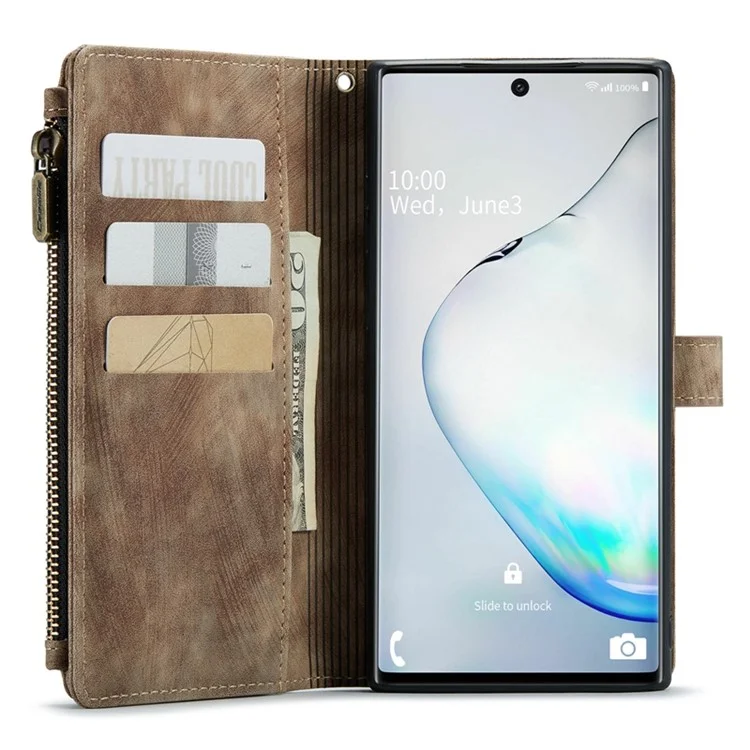 Caseme C30 -serie Für Samsung Galaxy Note 10 5G / 4G Anti-fall-reißverschluss-taschenbrieftasche Abdeckung Mit Riemen Auto-magnetische Ständer Telefon Flip Leder Kartonhalter - Braun