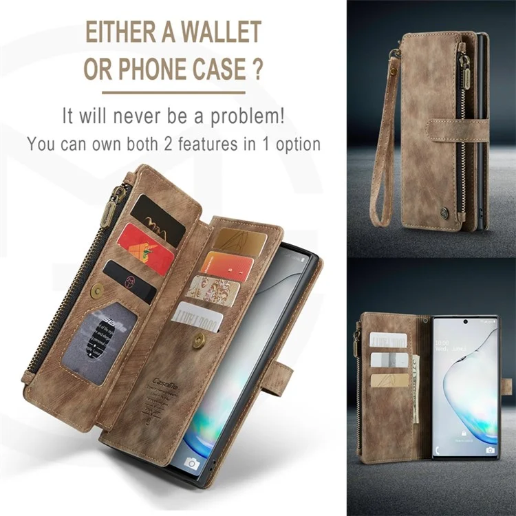 Caseme C30 -serie Für Samsung Galaxy Note 10 5G / 4G Anti-fall-reißverschluss-taschenbrieftasche Abdeckung Mit Riemen Auto-magnetische Ständer Telefon Flip Leder Kartonhalter - Braun