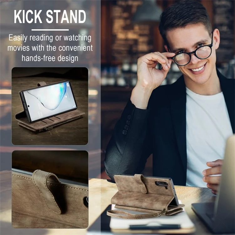 Caseme C30 -serie Für Samsung Galaxy Note 10 5G / 4G Anti-fall-reißverschluss-taschenbrieftasche Abdeckung Mit Riemen Auto-magnetische Ständer Telefon Flip Leder Kartonhalter - Braun