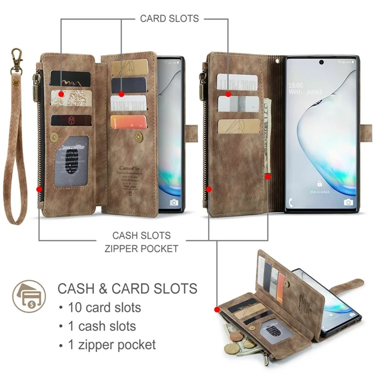 Caseme C30 -serie Für Samsung Galaxy Note 10 5G / 4G Anti-fall-reißverschluss-taschenbrieftasche Abdeckung Mit Riemen Auto-magnetische Ständer Telefon Flip Leder Kartonhalter - Braun