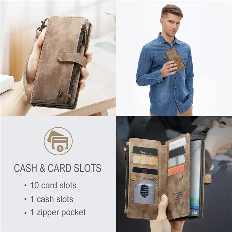 Caseme C30 -serie Für Samsung Galaxy Note 10 5G / 4G Anti-fall-reißverschluss-taschenbrieftasche Abdeckung Mit Riemen Auto-magnetische Ständer Telefon Flip Leder Kartonhalter - Braun