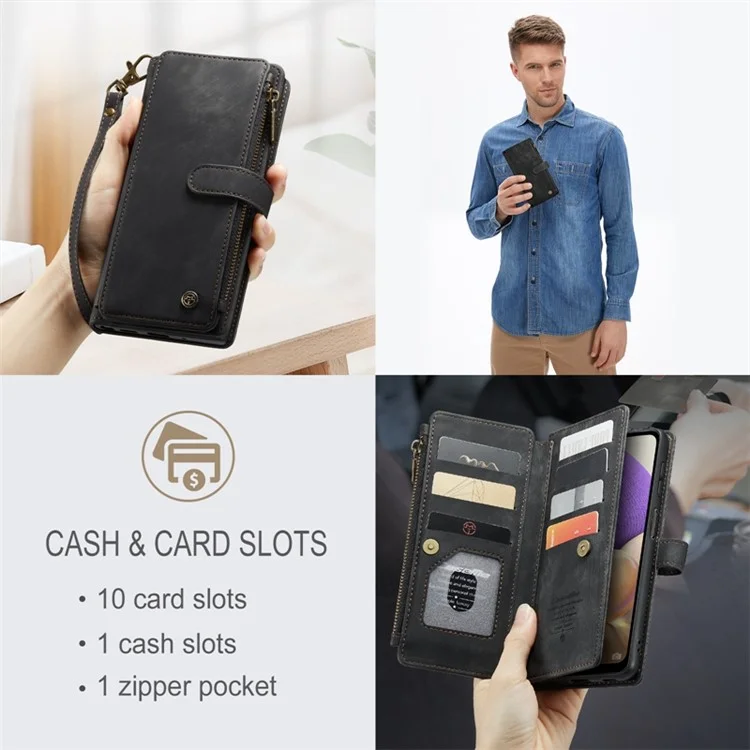 Caseme C30 -serie Für Samsung Galaxy A32 5G / M32 5G Schockabsorption Reißverschluss Taschenbrieftasche Deckungsständer Auto-Magnetic Drop-soach-schutzhülsenkartenhalter Auto-magnetisch - Schwarz