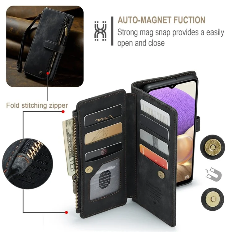 Caseme C30 -serie Für Samsung Galaxy A32 5G / M32 5G Schockabsorption Reißverschluss Taschenbrieftasche Deckungsständer Auto-Magnetic Drop-soach-schutzhülsenkartenhalter Auto-magnetisch - Schwarz