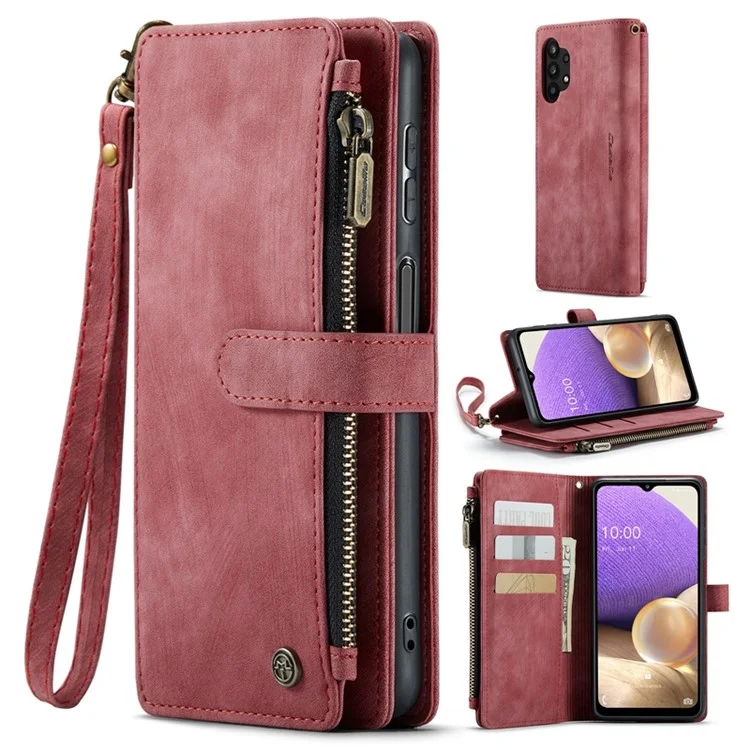For Samsung Galaxy A32 5G / M32 5G Phone Cases with Strap CASEME C30 Zipper Multiple Card Holder PU Leather Cover - Red