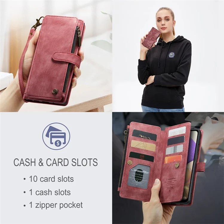 For Samsung Galaxy A32 5G / M32 5G Phone Cases with Strap CASEME C30 Zipper Multiple Card Holder PU Leather Cover - Red