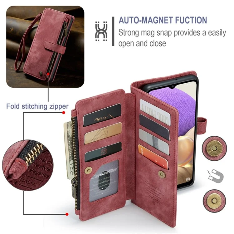 For Samsung Galaxy A32 5G / M32 5G Phone Cases with Strap CASEME C30 Zipper Multiple Card Holder PU Leather Cover - Red