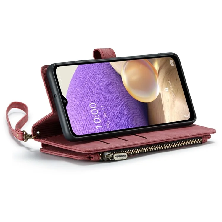 For Samsung Galaxy A32 5G / M32 5G Phone Cases with Strap CASEME C30 Zipper Multiple Card Holder PU Leather Cover - Red