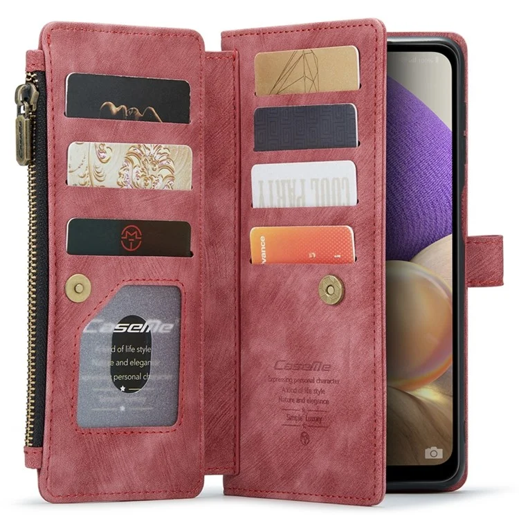 For Samsung Galaxy A32 5G / M32 5G Phone Cases with Strap CASEME C30 Zipper Multiple Card Holder PU Leather Cover - Red