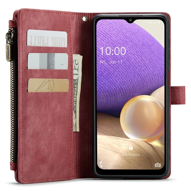 For Samsung Galaxy A32 5G / M32 5G Phone Cases with Strap CASEME C30 Zipper Multiple Card Holder PU Leather Cover - Red