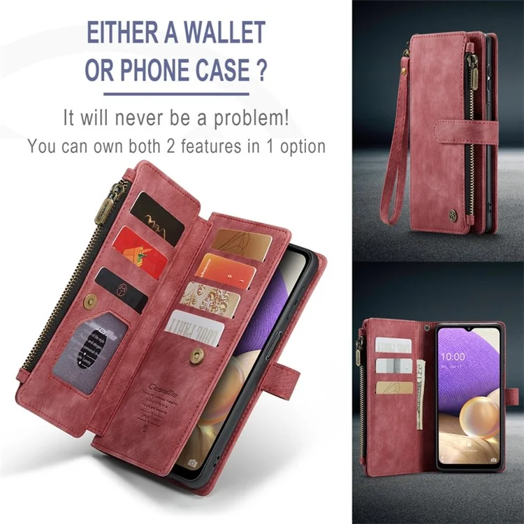 For Samsung Galaxy A32 5G / M32 5G Phone Cases with Strap CASEME C30 Zipper Multiple Card Holder PU Leather Cover - Red