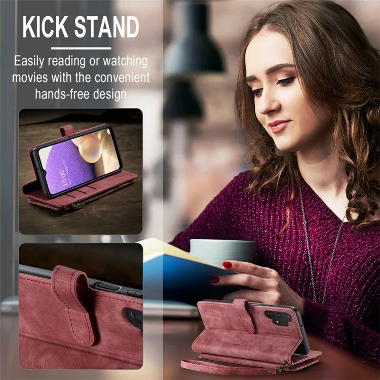 For Samsung Galaxy A32 5G / M32 5G Phone Cases with Strap CASEME C30 Zipper Multiple Card Holder PU Leather Cover - Red