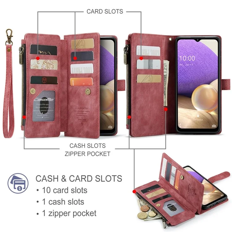 For Samsung Galaxy A32 5G / M32 5G Phone Cases with Strap CASEME C30 Zipper Multiple Card Holder PU Leather Cover - Red