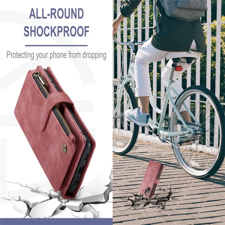 For Samsung Galaxy A32 5G / M32 5G Phone Cases with Strap CASEME C30 Zipper Multiple Card Holder PU Leather Cover - Red