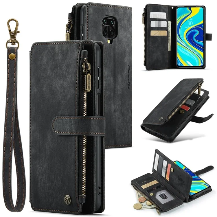 CASEME C30 Serie für Xiaomi Redmi Note 9 Pro 4G / Note 9 Pro Max / Note 9S 4G Sturzsichere Reißverschlusstasche Handytasche Stand PU-Lederschutz Kratzsicher Kartenfach - Schwarz