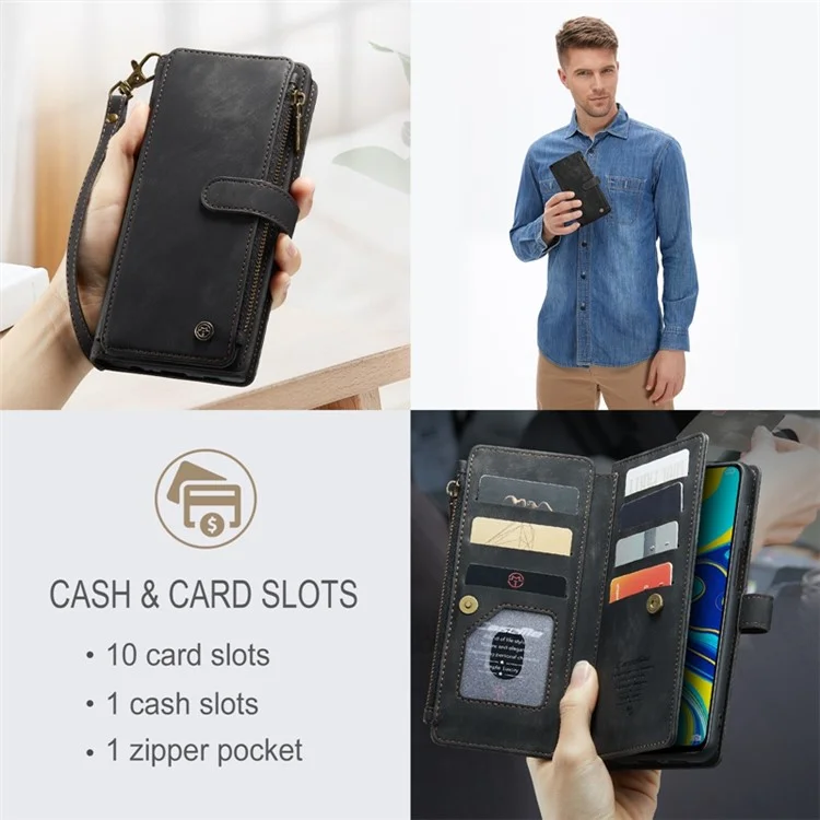 CASEME C30 Series for Xiaomi Redmi Note 9 Pro 4G / Note 9 Pro Max / Note 9S 4G Anti-drop Zipper Pocket Phone Wallet Case Stand PU Leather Anti-scratch Cover Card Holder - Black