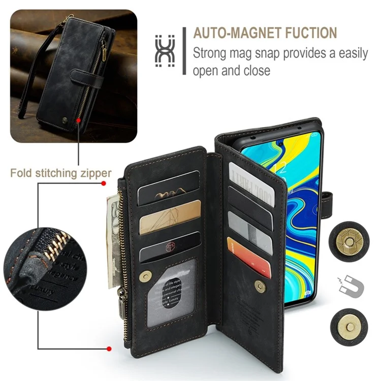 CASEME C30 Serie für Xiaomi Redmi Note 9 Pro 4G / Note 9 Pro Max / Note 9S 4G Sturzsichere Reißverschlusstasche Handytasche Stand PU-Lederschutz Kratzsicher Kartenfach - Schwarz